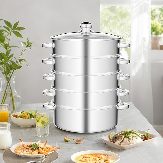 5-Tier Stainless Steel Steamer Stackable, 11 Inch Large Capacity Steamer Pot with Lid, Fast Even Cooking for Dumplings, Vegetables, Fish, Poultry, Compatible with Gas, Induction, Electric Stovetop