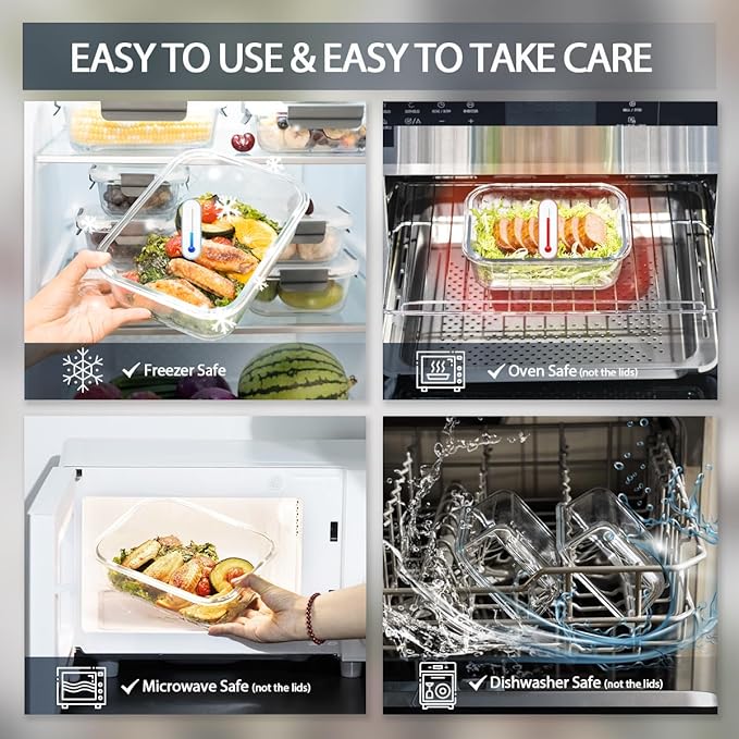 GENICOOK GC [10-Pack] Glass Meal Prep Containers with Lids, Food Storage Containers with Snap Locking Lids, Airtight Lunch Containers, Microwave, Oven, Freezer and Dishwasher