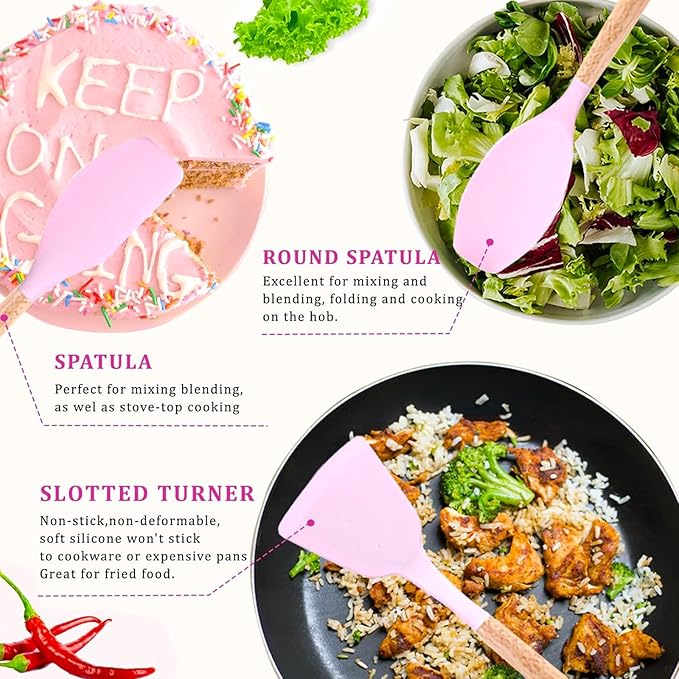 Kitchen Utensil Set,20 Pieces Kitchen Stainless Steel Knives Set Silicone Cooking Utensil with Wooden Handles,Home Kitchenware Accessories Cookware with Stand Block (Pink)