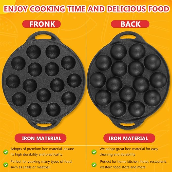 Cast Iron Takoyaki Pan with 15 Holes, Non-Stick Escargot Plate for Snails and Meatballs, Includes Forks and Brush, Compact Size for Home and Professional Use