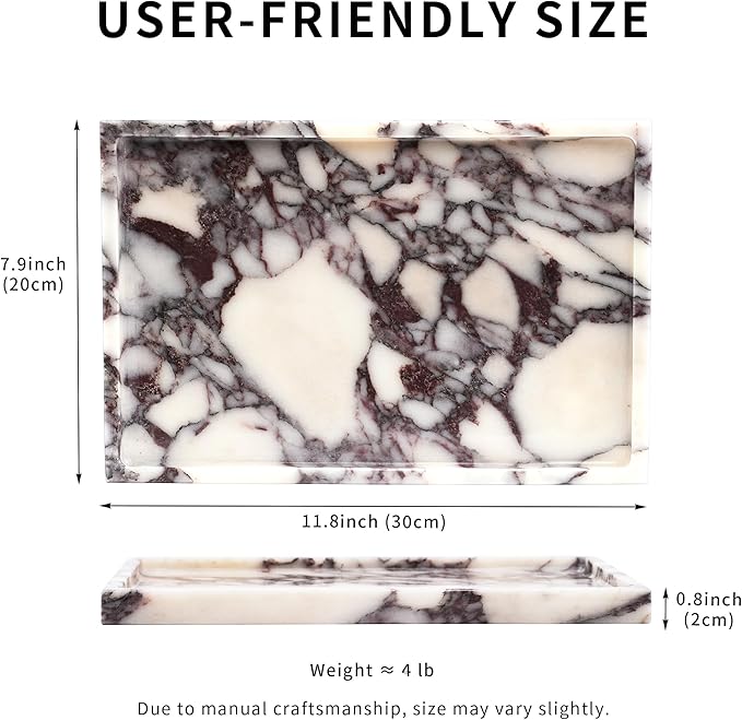 Large Decorative Marble Tray - Square Stone Vanity Perfume Plates for Bathroom Accessories Coffee Table Bar, Luxury Key Dresser Dish for Kitchen Countertop Entryway (11.8" x 7.9" x 0.8")