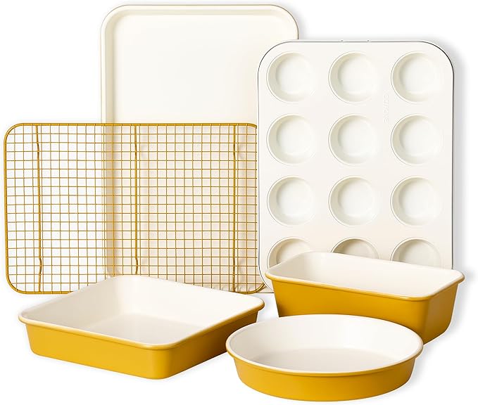 CAROTE 6-Piece Nonstick Ceramic Baking Pans Set - Bakeware Sets Including Cookie Sheets for Baking, Muffin Pan, Bread Pan, Cake pan, Loaf Pan, Cooling Rack, Mustard Yellow & Cream White