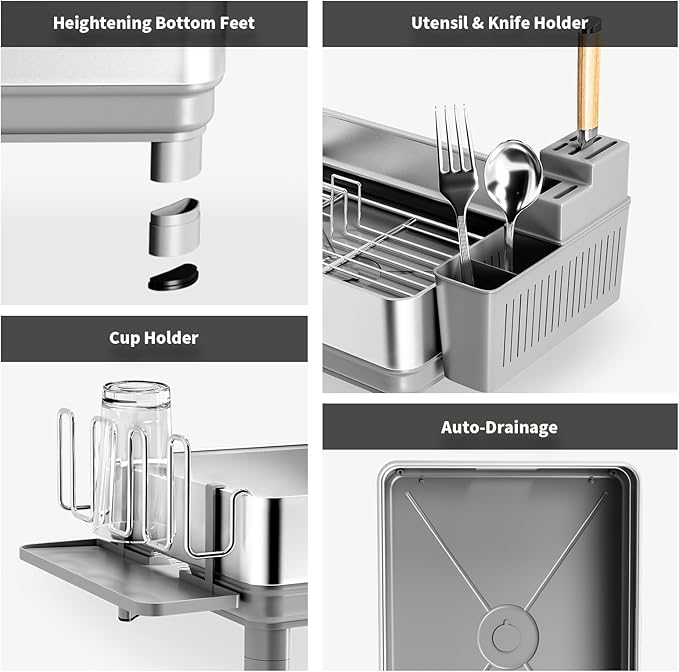 Ewaiira Dish Drying Rack, 304 Stainless Steel Dish Racks for Kitchen Counter, Dish Drainers with Automatic Drainage, Utensil Holder & Cups Holder, Space Saving Kitchen Organizer, Gray