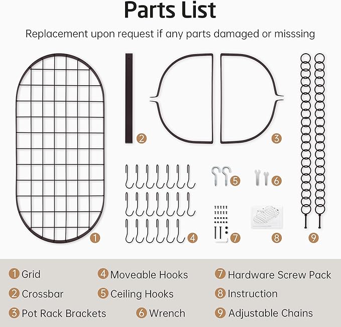 KES 34 Inch Oiled Bronze Hanging Pot Rack, Heavy Duty Oval Pot and Pan Hanging Rack Ceiling Mount, Pot Pan Hangers for Kitchen with 20 Hooks, (For 16" and 24" Joist Mount), KUR221S85-OB
