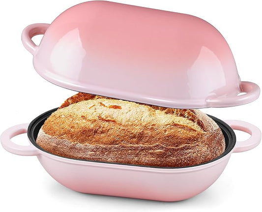 Onader Enameled Cast Iron Sourdough Bread Oven, 2.8QT Oval Dutch Oven, Loaf Cast Iron Bread Pan with Lid for Homemade Bread Baking, 9x5-1/2 Inch Meatloaf Pan, Heavy Duty - Pink