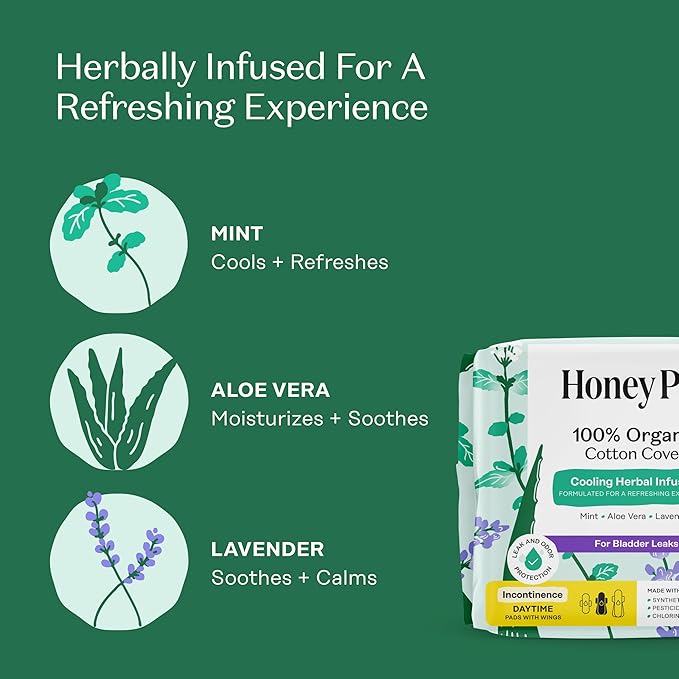 The Honey Pot Company - Herbal Pads for Women - Organic Incontinence Daytime w/Wings. Infused w/Essential Oils for Cooling Effect & Postpartum Essentials - Feminine Care - 16ct.