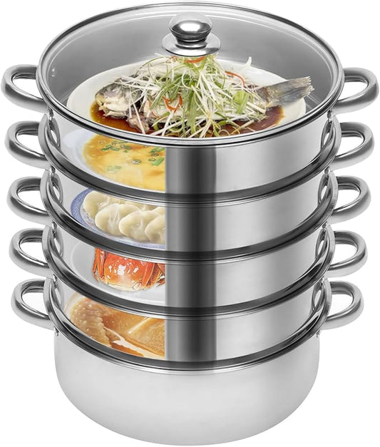 5-Layer Stainless Steel Steamer, 26CM Commercial Food-Grade Steamer Cookware Steaming Pot Tool w/Glass Lid Foods Steamers for Induction Cookers, Electric Ceramic Stoves, Gas Stoves (Silver, 26CM)