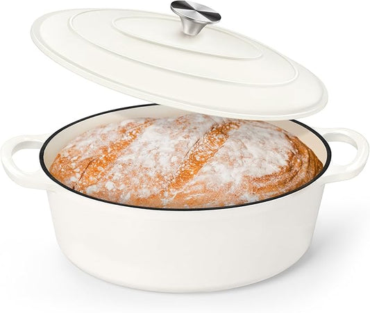 P&P CHEF Oval Dutch Oven with Lid, Enameled Cast Dutch Oven Pot for Bread Baking, Braising, Stewing, Roasting, Non-Stick & Oven Safe, Dual Handles & Easy Clean, 5QT & White, Valentine's Day