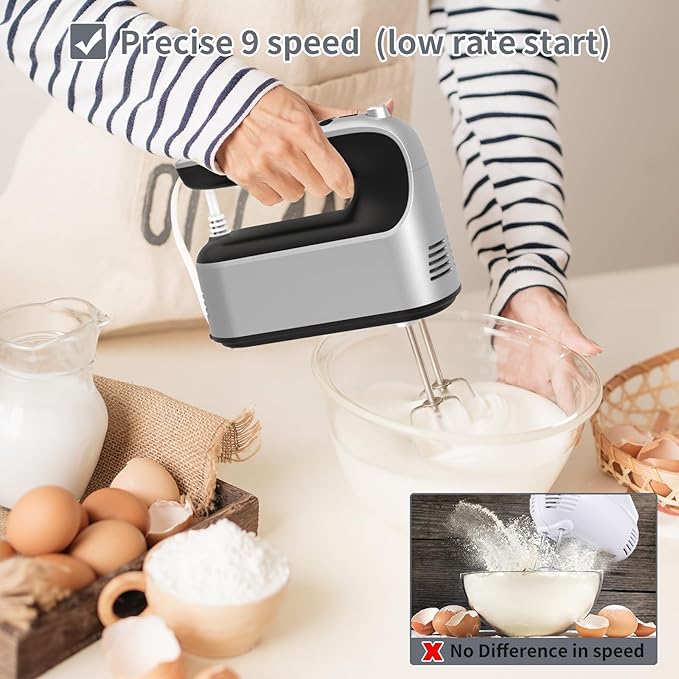 9-Speed Digital Hand Mixer Electric, 400W Powerful DC Motor, Hand Mixer Electric Handheld with Snap-On Storage Case, 5 Stainless Steel Accessories, Beaters, Dough Hooks, Whisk(Silvery Black)
