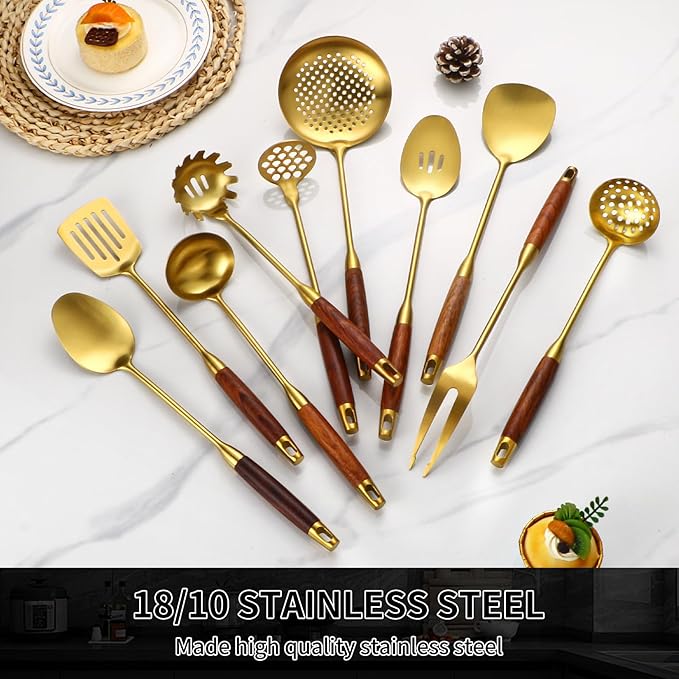 18/10 Stainless Steel Kitchen Utensils Set with Wood Handle Metal Cooking Utensils Set 10 Piece - Spatula, Spoon, Ladle, Skimmer, Slotted Turners, Pasta,Turner, Ladl, Fork