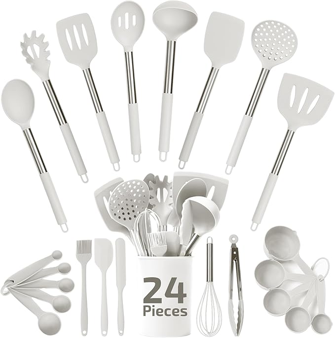 Silicone Kitchen Utensils Set - 24-Pieces 450F Heat Resistant White Cooking Utensils for Nonstick Cookware - Silicone Spatulas Set, Stainless Steel Handle & Other Kitchen accessories
