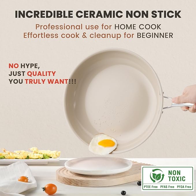 Kikcoin Non Stick Ceramic Frying Pans Skillet, 11-inch Healthy Non Toxic Cookware Egg Cooking Pan with Stay Cool Handle, PFAS & PTFE & PFOA Free, Dishwasher & Oven Safe (Cream Beige)