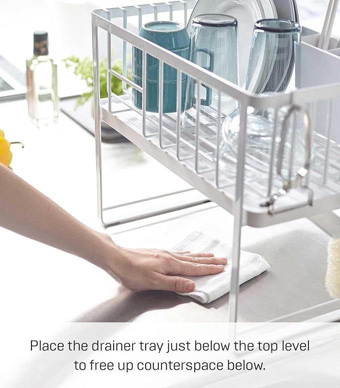 YAMAZAKI Home Tower Two-Tier Adjustable Dish Drainer Rack, Compact Drying Rack with Hooks, Utensils Holder - Steel -
