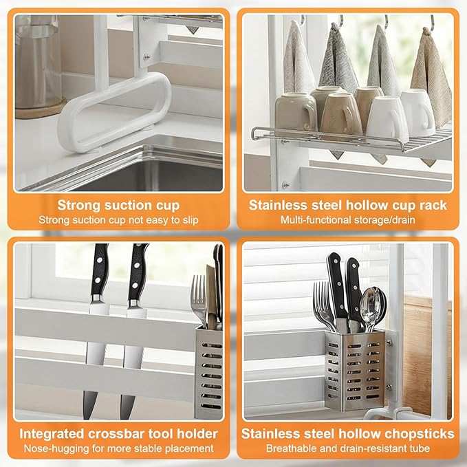 Kitchen Counter Dishrack with Utensil Holder Over Sink Dish Drying Rack Anti-Slip Thickened Sink Rack for Draining & Storing Dishes