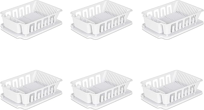 Sterilite Large 2 Piece Sink Set, with Drainboard for Drying, Holds Clean Dishes in the Kitchen such as Plates, Cups, and Silverware, White, 6-Pack