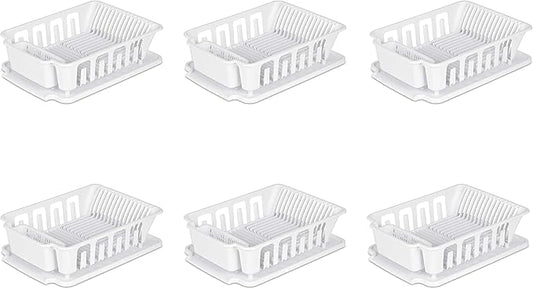 Sterilite Large 2 Piece Sink Set, with Drainboard for Drying, Holds Clean Dishes in the Kitchen such as Plates, Cups, and Silverware, White, 6-Pack