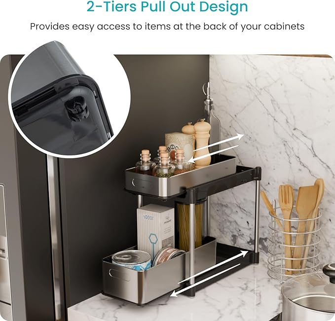 Home Zone Living 2-Tier Stainless Steel Cabinet Pull Out Organizer for Kitchen and Bathroom Storage