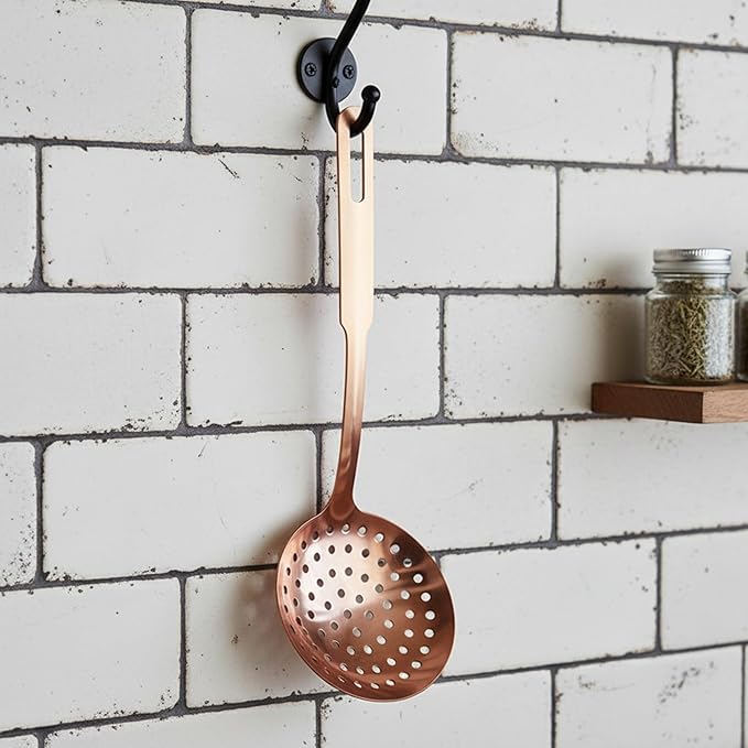Amco 5-Piece Stainless Steel Cooking Utensil Set, Copper Finish - Includes Kitchen Ladle, Slotted Turner, Skimmer, Solid Spoons - 14" with Hanging Holes for Easy Storage, Durable Kitchen Gadgets