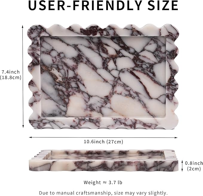 Scalloped Vanity Marble Tray - Large Home Decorative Stone Perfume Candle Plates for Bathroom Accessories Coffee Table Bar, Luxury Antique Key Dish for Kitchen Countertop (10.6" x 7.4" x 0.8")