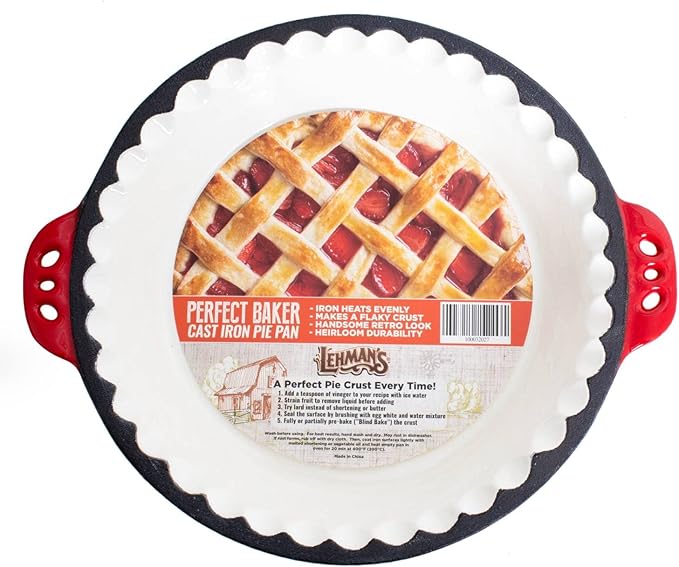 Lehman's Extra Deep Pie Pan, Enamel Coated Cast Iron Bakeware with Crimped Edges and Handles, 10.25 inches