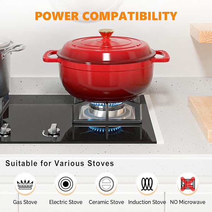 ROVSUN Enameled Cast Iron Round Dutch Oven, 7.5QT Pot with Lid &Dual Handles with Silicone Gloves,Oven Safe up to 500°F, Heavy-Duty Pre-Seasoned Cookware for Bread Baking, Braising, Stews, Roasting,Red