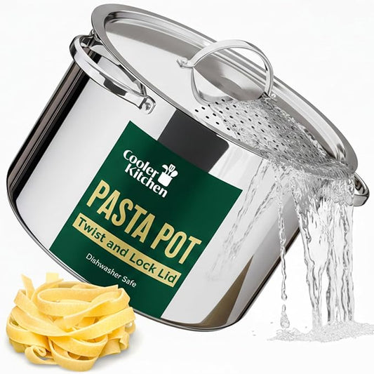 Stainless Steel Pasta Pot with Strainer Lid — 5.5 Qt Large Capacity Spaghetti Pot with Twist Lock Lid — Deep Cooking and Stock Pots for Boiling, Dishwasher Safe By Cooler Concepts