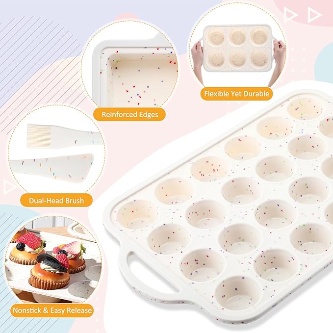 7 Pcs Silicone Baking Pan Set with 4 Molds (Loaf, Muffin, Mini Muffin, Round), Spatula, Dual-head Pastry Brush Oven Mitts Nonstick for Cupcakes Brownies Bread, Confetti Design