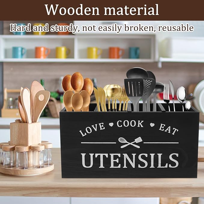 2 Pack Extra Large Kitchen Utensils Holder with 4 Compartments, Wooden Utensil Organizer for Kitchen Countertop, Farmhouse Kitchen Decor, Rustic Cooking Utensil for Knives, Forks, Spoon and Spatula