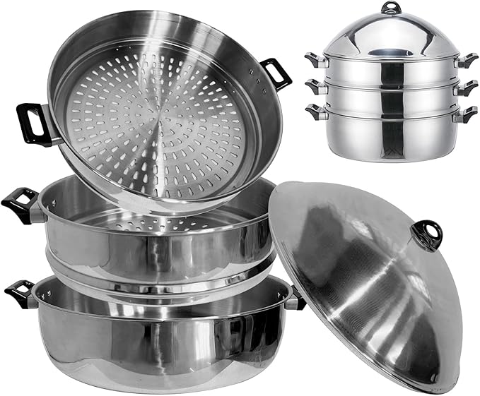 LetFeng Steamer Pot for Cooking 19 inch Steam Pots with Lid 3-Tier Multipurpose Stainless Steel Steaming Pot Cookware with Handle for Vegetable, Dumpling, Stock, Sauce, Food
