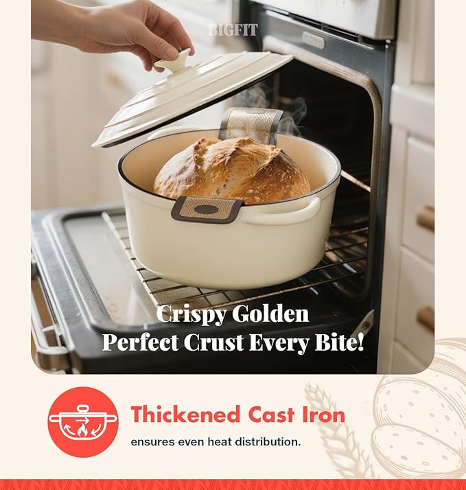 Cast Iron Dutch Oven for Bread Baking, With Banneton Bread Proofing Basket & Sourdough Baking Supplies, 5QT Multi-Functional Enameled Dutch Oven Pot with Lid, Cast Iron Bread Pan, White