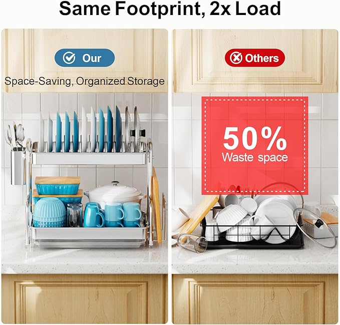 GSlife Dish Drying Rack for Kitchen Counter - Stainless Steel 2 Tier Dish Drainer with Drain Board, Stainless Steel Utensil Holder, Cutting Board Holder, 21" L x 10.8" W x 13.8" H, Silver