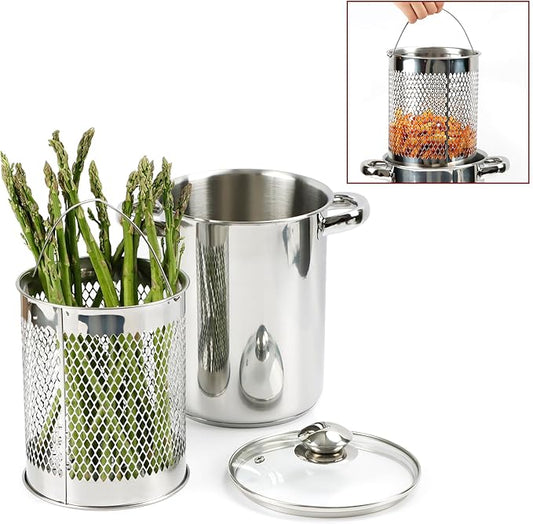 Asparagus Pot Deep Fryer Pot, Stainless Steel Steam Cooker with Basket and Lid Vegetable Asparagus Cooker for Pasta, Spaghetti, Japanese Tempura Small Deep Frying Pot with Oil Drip Drainer Rack, 4 Qt