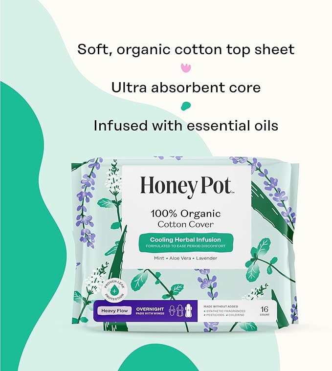 The Honey Pot Company - Herbal Sanitary Pads for Women - Heavy Flow Overnight w/Wings - Infused w/Essential Oils for Cooling Effect & Organic Cotton Cover - Feminine Care - 16 ct