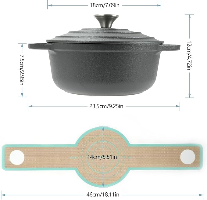 HAWOK Cast Iron Pre-seasoned Mini Dutch oven, Dia. 18 cm/7 inch, 1.5 Quart, with Silicone Bread Sling Black