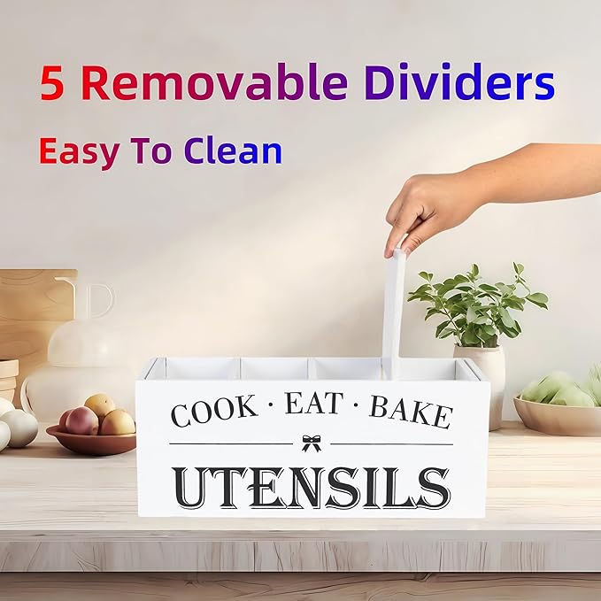 Utensil Holder,Extra Large Wooden Utensil Holder For Kitchen Counter,Cooking Spatula Organizer,Big Storage Caddy With 4 Compartments Flatware Spoon Tool Cutlery