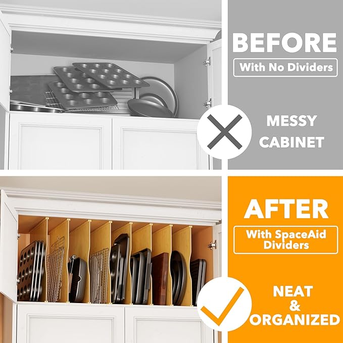 SpaceAid 8 Pack Tray Dividers for Cabinets, Bamboo Kitchen Cookie Baking Sheet Organizer for Cabinet, Vertical Pan and Trays Organizers for Pantry Storage