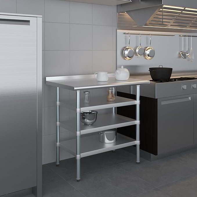 AmGood Stainless Steel Work Table with 1.5" Backsplash and 3 Shelves | Metal Kitchen Food Prep Table | NSF (36" Long x 24" Deep)