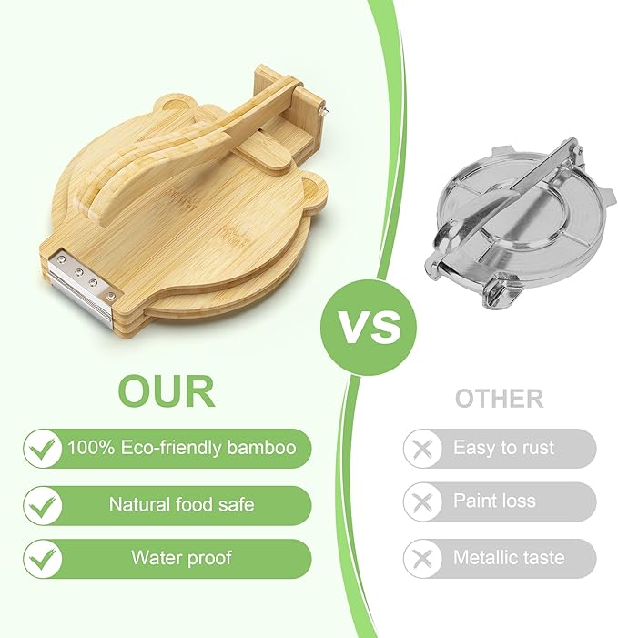 Tortilla Press 10 Inch - Bamboo Quesadilla & Roti Maker with Parchment Paper Sheets & Dough Cutter for Homemade Flour Corn Tortilla, Wood Tortillera Pataconera Tortilla Maker for Home Baking