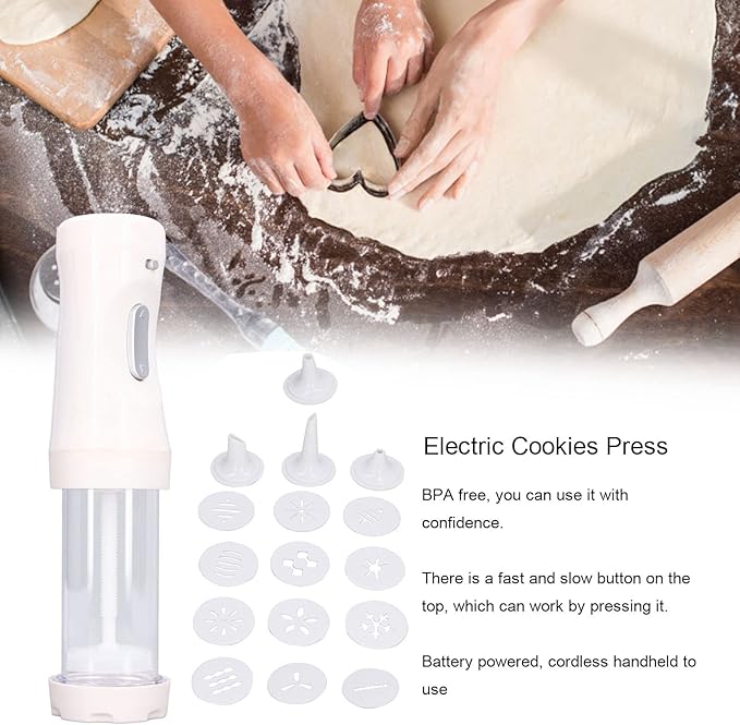 Cookie Press Gun Kit for Baking, Electric Cookie Press Gun Press Cookie Maker with 9 Cake Discs and 1 Icing Tip Baking Tools for Cookie Cake Decorating