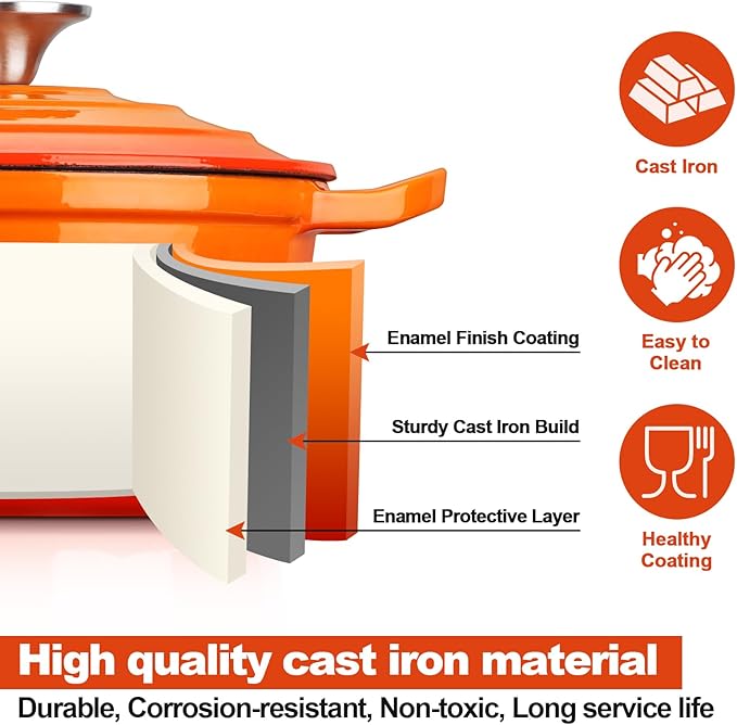 HaSteeL 2 QT Cast Iron Saucepan, Mini Enamel Dutch Oven with Lid, Small Non Stick Pan for Milk, Pasta Tomato Sauce, Butter, Breakfast, Soup, Suitable for Boiling Stewing Frying, Easy to Clean, Orange