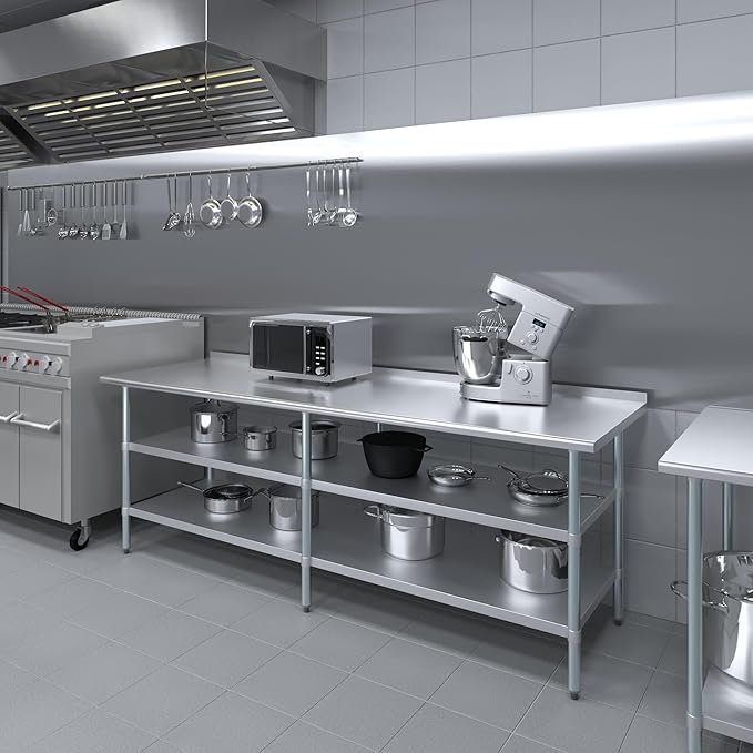 AmGood Stainless Steel Work Table with 1.5" Backsplash and 2 Shelves | Metal Kitchen Food Prep Table | NSF (96" Long x 30" Deep)