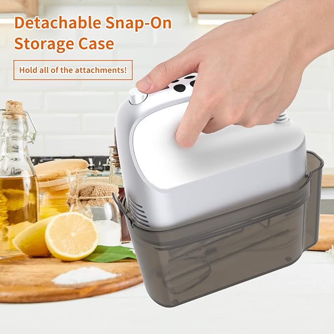 9-Speed Digital Hand Mixer Electric, 400W Powerful DC Motor, Hand Mixer Electric Handheld with Snap-On Storage Case, 5 Stainless Steel Accessories, Beaters, Dough Hooks, Whisk(Silvery White)