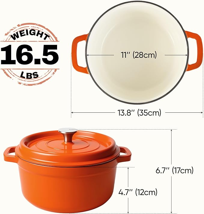 6.5 Quart Dutch Oven Pot with Lid, Non Stick Enameled Cast Iron Dutch Oven for Bread Baking, Heavy-Duty, Oven Safe Ceramic Cookware Up to 500°F for Baking, Braising, Stews, Roasting, Orange