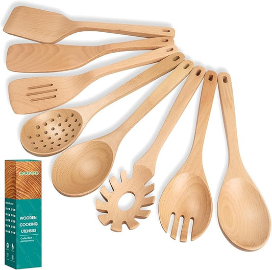 Wooden Spoons for Cooking, Beech Wood Kitchen Utensil Set, Premium Handmade Wooden Cooking Utensils for Nonstick Cookware, Heat Resistant, Smooth Finish, Comfortable Grip, 8 Piece