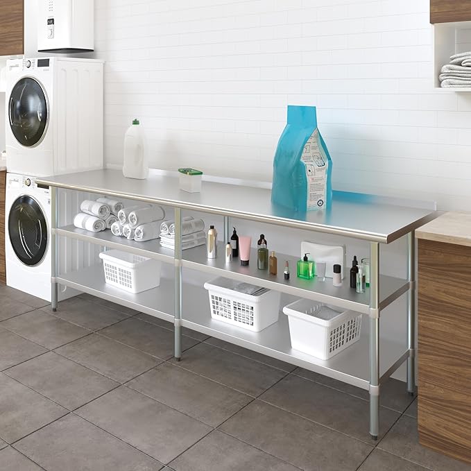 AmGood Stainless Steel Work Table with 1.5" Backsplash and 2 Shelves | Metal Kitchen Food Prep Table | NSF (96" Long x 24" Deep)