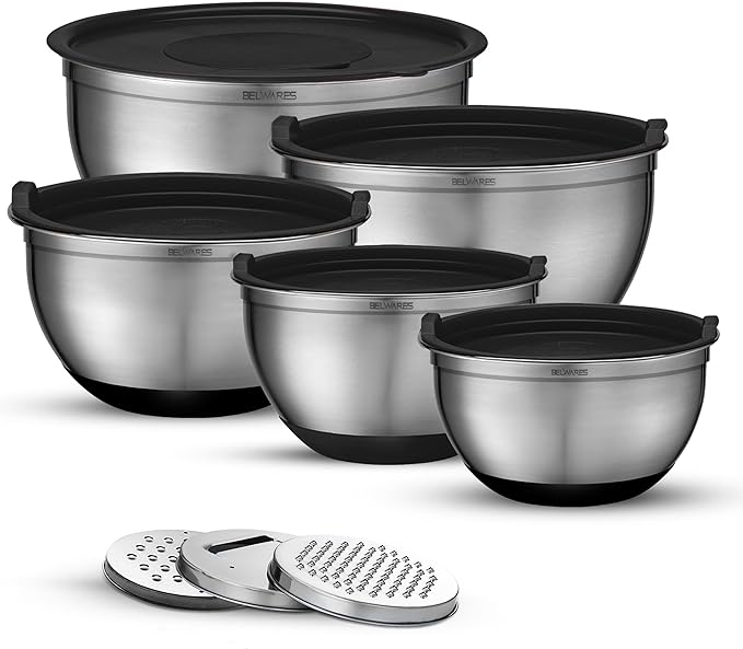 Belwares Mixing Bowls Set with Airtight Lids - 8PCS Stainless Steel Nesting Mixing Bowls Non-Slip with 3 Grater Attachments, Kitchen Bowls, Sizes 5, 4, 3.5, 2, 1.5QT Baking & Food Prep (Matte Black)