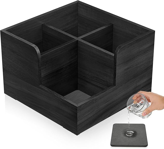 Yofidra Kitchen Utensil Holder with Stone Drying Mats, 4 Compartments Corner Utensil Holder for Kitchen Countertop, Extra Large Silverware Organizer (Black)