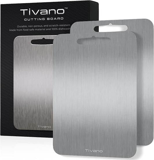 Original Tivano TitaniumShield Cutting Board 12"x8" Metal Pro | Ultra Durable, Dishwasher Safe, Heat Resistant, Odor & Stain Free, Knife Friendly, Non Toxic Kitchen Board (2)