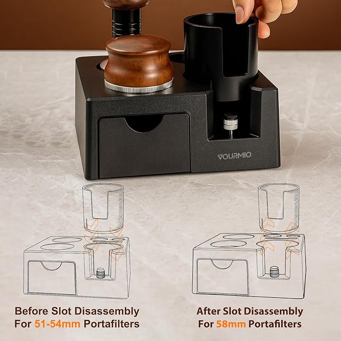 Espresso Tamping Station - 7 in 1 Espresso Coffee Organizer Box Fits for Storage 51/54/58MM Espresso Tamper, Distributor, Portafilter and Puck Screen Accessories, Plastic Tamp Station, Black