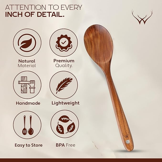 Premium Teak Wooden Spoon for Cooking with Large Spoon Rest - 12" Long Handle, Essential Wood Utensil Set for Kitchen & Perfect for Gifts